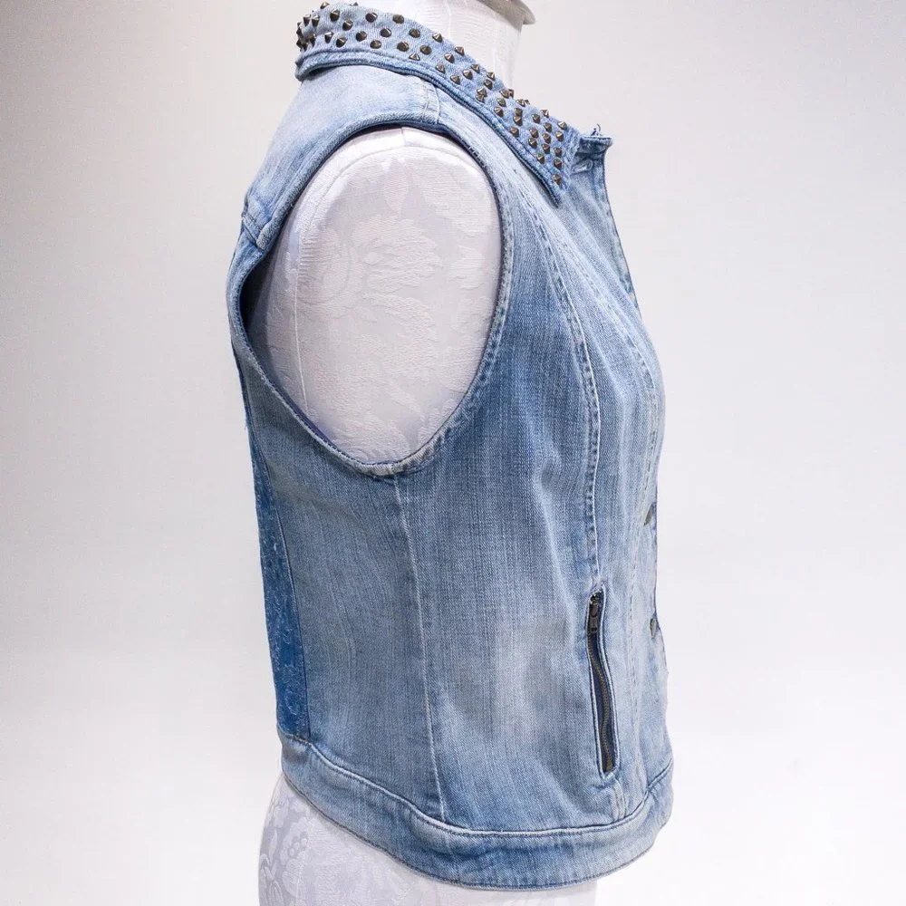 Guess M Sleeveless Jean Jacket Vest Layer Studded Collar Pattern Back Crop Top - Picture 10 of 16